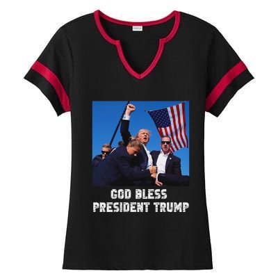 God Bless President Trump 2024 Patriot Ladies Halftime Notch Neck Tee