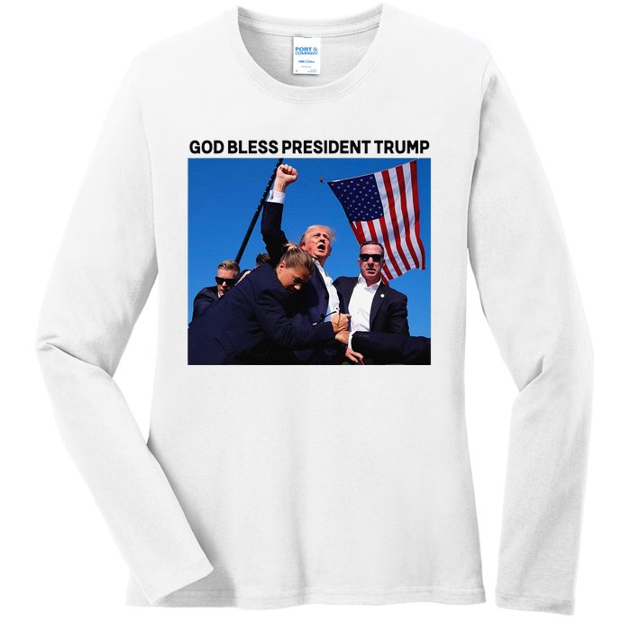 God Bless President Trump Shooting At Donald Trump Rally Ladies Long Sleeve Shirt