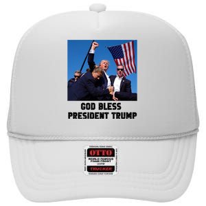 God Bless President Trump Donald Trump 2024 High Crown Mesh Back Trucker Hat