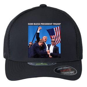 God Bless President Trump Shooting At Donald Trump Rally 2024 Flexfit Unipanel Trucker Cap