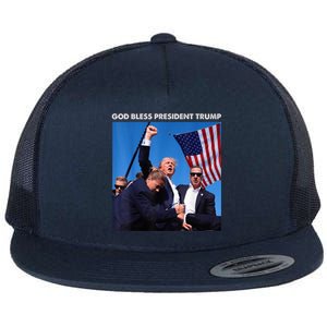 God Bless President Trump Shooting At Donald Trump Rally 2024 Flat Bill Trucker Hat