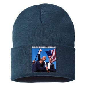 God Bless President Trump Shooting At Donald Trump Rally 2024 Sustainable Knit Beanie