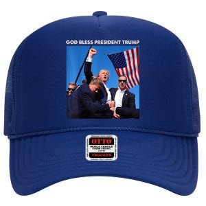 God Bless President Trump Shooting At Donald Trump Rally 2024 High Crown Mesh Back Trucker Hat