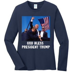 God Bless President Trump Donald Trump 2024 Ladies Long Sleeve Shirt