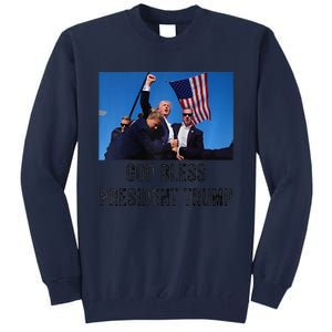 God Bless President Trump Donald Trump 2024 Raglan Baseball Tall Sweatshirt