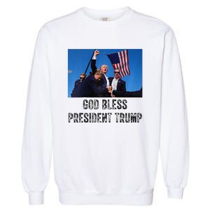 God Bless President Trump Donald Trump 2024 Raglan Baseball Garment-Dyed Sweatshirt