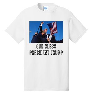 God Bless President Trump Donald Trump 2024 Raglan Baseball Tall T-Shirt