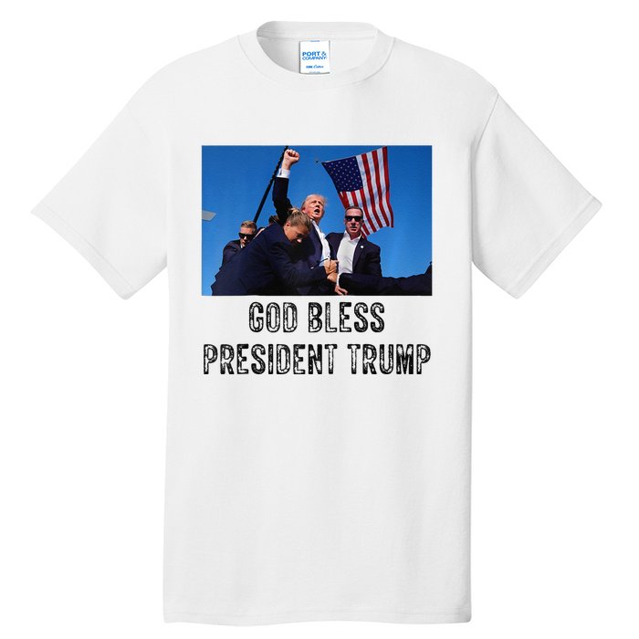 God Bless President Trump Donald Trump 2024 Raglan Baseball Tall T-Shirt