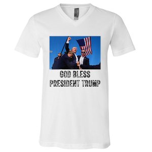 God Bless President Trump Donald Trump 2024 Raglan Baseball V-Neck T-Shirt