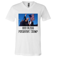 God Bless President Trump Donald Trump 2024 Raglan Baseball V-Neck T-Shirt