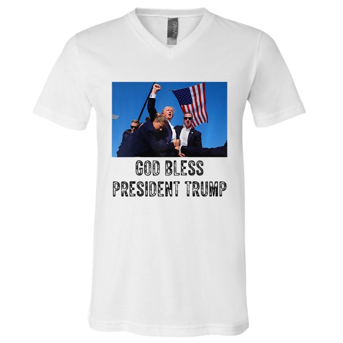 God Bless President Trump Donald Trump 2024 Raglan Baseball V-Neck T-Shirt