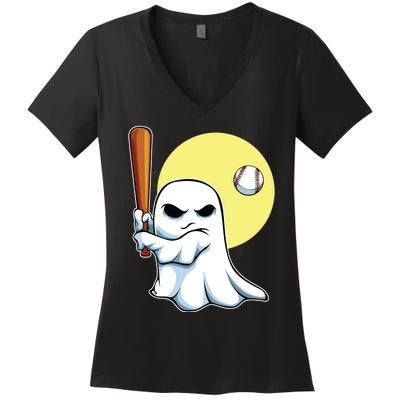 Ghost Baseball Player Lazy Halloween Costume Cute Sport Women's V-Neck T-Shirt