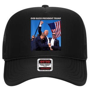 God Bless President Trump Shooting At Donald Trump Rally Gift High Crown Mesh Back Trucker Hat