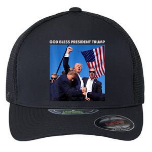 God Bless President Trump Shooting At Donald Trump Rally Gift Flexfit Unipanel Trucker Cap