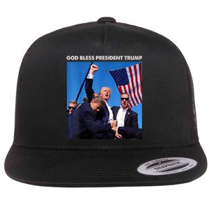 God Bless President Trump Shooting At Donald Trump Rally Gift Flat Bill Trucker Hat