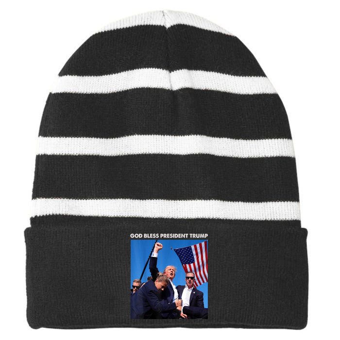 God Bless President Trump Shooting At Donald Trump Rally Gift Striped Beanie with Solid Band