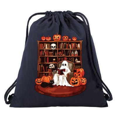 Ghost Book Reading Teacher Halloween Librarian Book Lovers Drawstring Bag