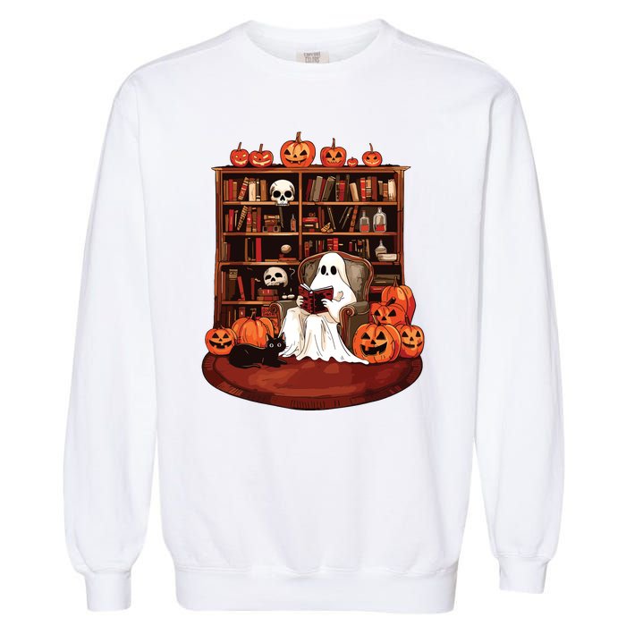 Ghost Book Reading Teacher Halloween Librarian Book Lovers Garment-Dyed Sweatshirt