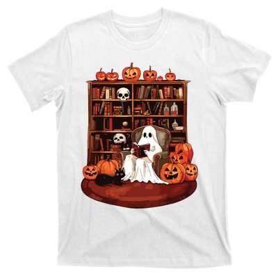 Ghost Book Reading Teacher Halloween Librarian Book Lovers T-Shirt