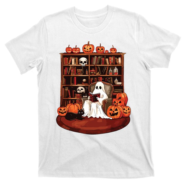 Ghost Book Reading Teacher Halloween Librarian Book Lovers T-Shirt