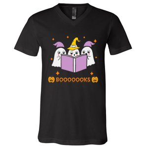 Ghost Book Reading Halloween Teacher Books Lover V-Neck T-Shirt