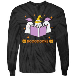 Ghost Book Reading Halloween Teacher Books Lover Tie-Dye Long Sleeve Shirt