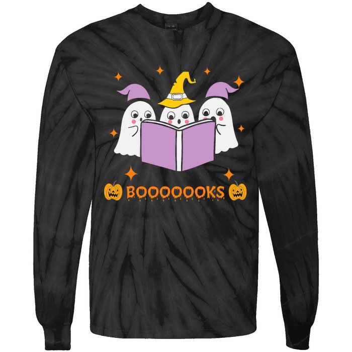 Ghost Book Reading Halloween Teacher Books Lover Tie-Dye Long Sleeve Shirt