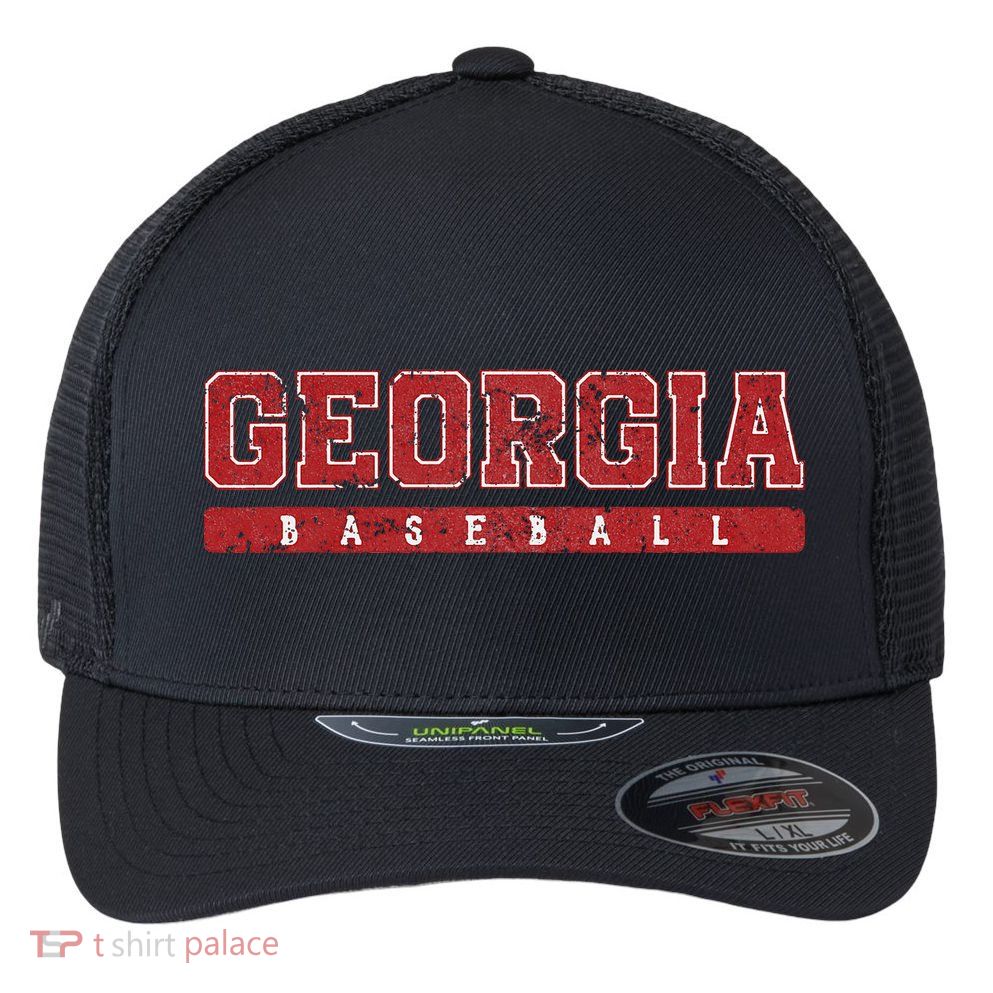 Georgia Baseball Red Vintage Text Flexfit Unipanel Trucker Cap
