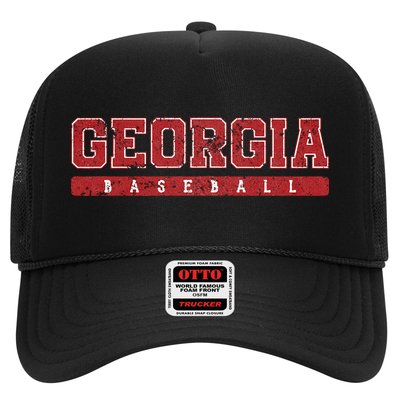 Georgia Baseball Red Vintage Text Trucker Hat
