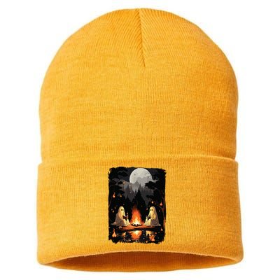 Ghost Book Reading Camping Gothic Halloween Retro Sweatshirt Sustainable Knit Beanie