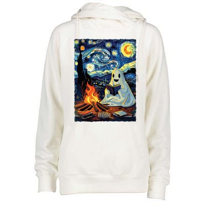 Ghost Book Reading Camping Halloween Van Gogh Starry Night Womens Funnel Neck Pullover Hood