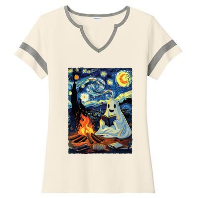 Ghost Book Reading Camping Halloween Van Gogh Starry Night Ladies Halftime Notch Neck Tee