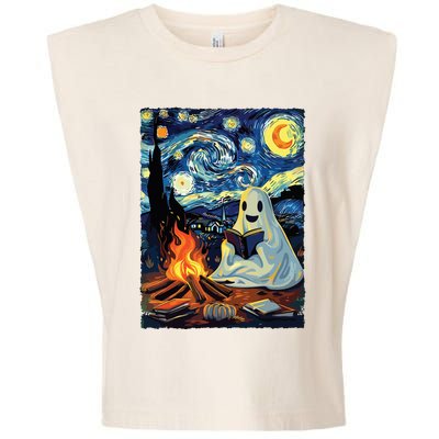 Ghost Book Reading Camping Halloween Van Gogh Starry Night Garment-Dyed Women's Muscle Tee