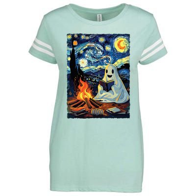 Ghost Book Reading Camping Halloween Van Gogh Starry Night Enza Ladies Jersey Football T-Shirt