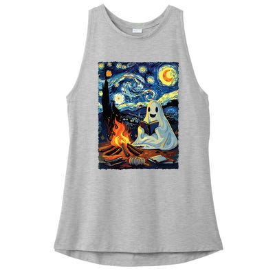 Ghost Book Reading Camping Halloween Van Gogh Starry Night Ladies PosiCharge Tri-Blend Wicking Tank