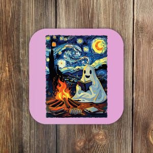 Ghost Book Reading Camping Halloween Van Gogh Starry Night Coaster