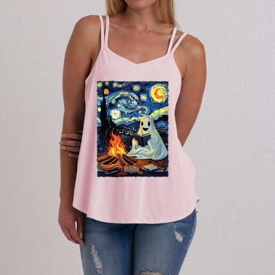 Ghost Book Reading Camping Halloween Van Gogh Starry Night Women's Strappy Tank