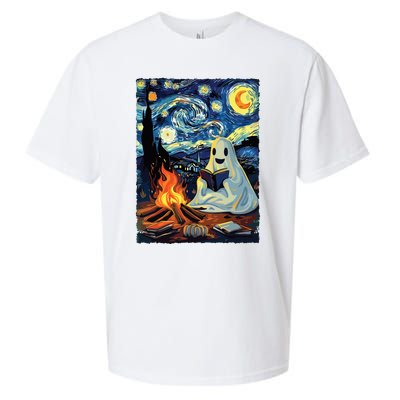 Ghost Book Reading Camping Halloween Van Gogh Starry Night Sueded Cloud Jersey T-Shirt