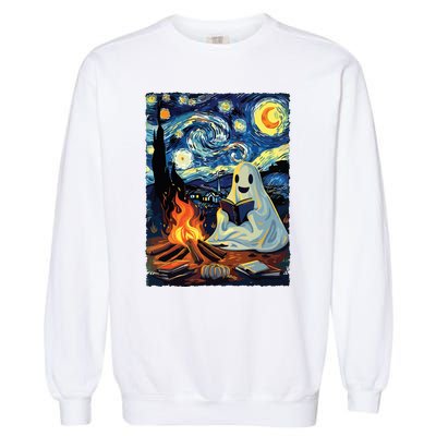 Ghost Book Reading Camping Halloween Van Gogh Starry Night Garment-Dyed Sweatshirt