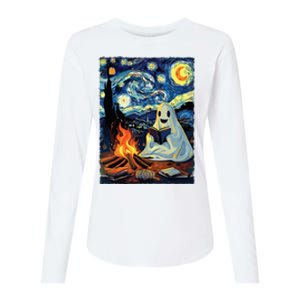 Ghost Book Reading Camping Halloween Van Gogh Starry Night Womens Cotton Relaxed Long Sleeve T-Shirt