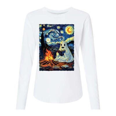 Ghost Book Reading Camping Halloween Van Gogh Starry Night Womens Cotton Relaxed Long Sleeve T-Shirt