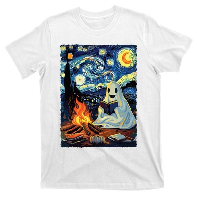 Ghost Book Reading Camping Halloween Van Gogh Starry Night T-Shirt