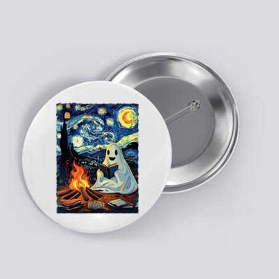 Ghost Book Reading Camping Halloween Van Gogh Starry Night Button