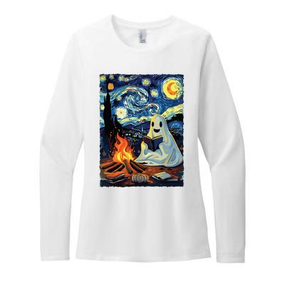 Ghost Book Reading Camping Halloween Van Gogh Starry Night Womens CVC Long Sleeve Shirt