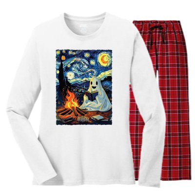 Ghost Book Reading Camping Halloween Van Gogh Starry Night Women's Long Sleeve Flannel Pajama Set 