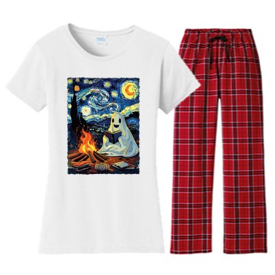 Ghost Book Reading Camping Halloween Van Gogh Starry Night Women's Flannel Pajama Set