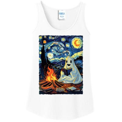 Ghost Book Reading Camping Halloween Van Gogh Starry Night Ladies Essential Tank