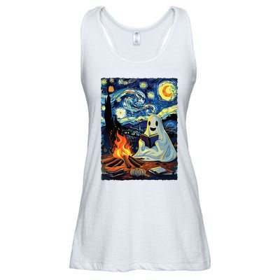 Ghost Book Reading Camping Halloween Van Gogh Starry Night Ladies Essential Flowy Tank