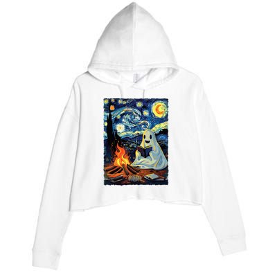 Ghost Book Reading Camping Halloween Van Gogh Starry Night Crop Fleece Hoodie