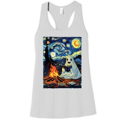 Ghost Book Reading Camping Halloween Van Gogh Starry Night Women's Racerback Tank